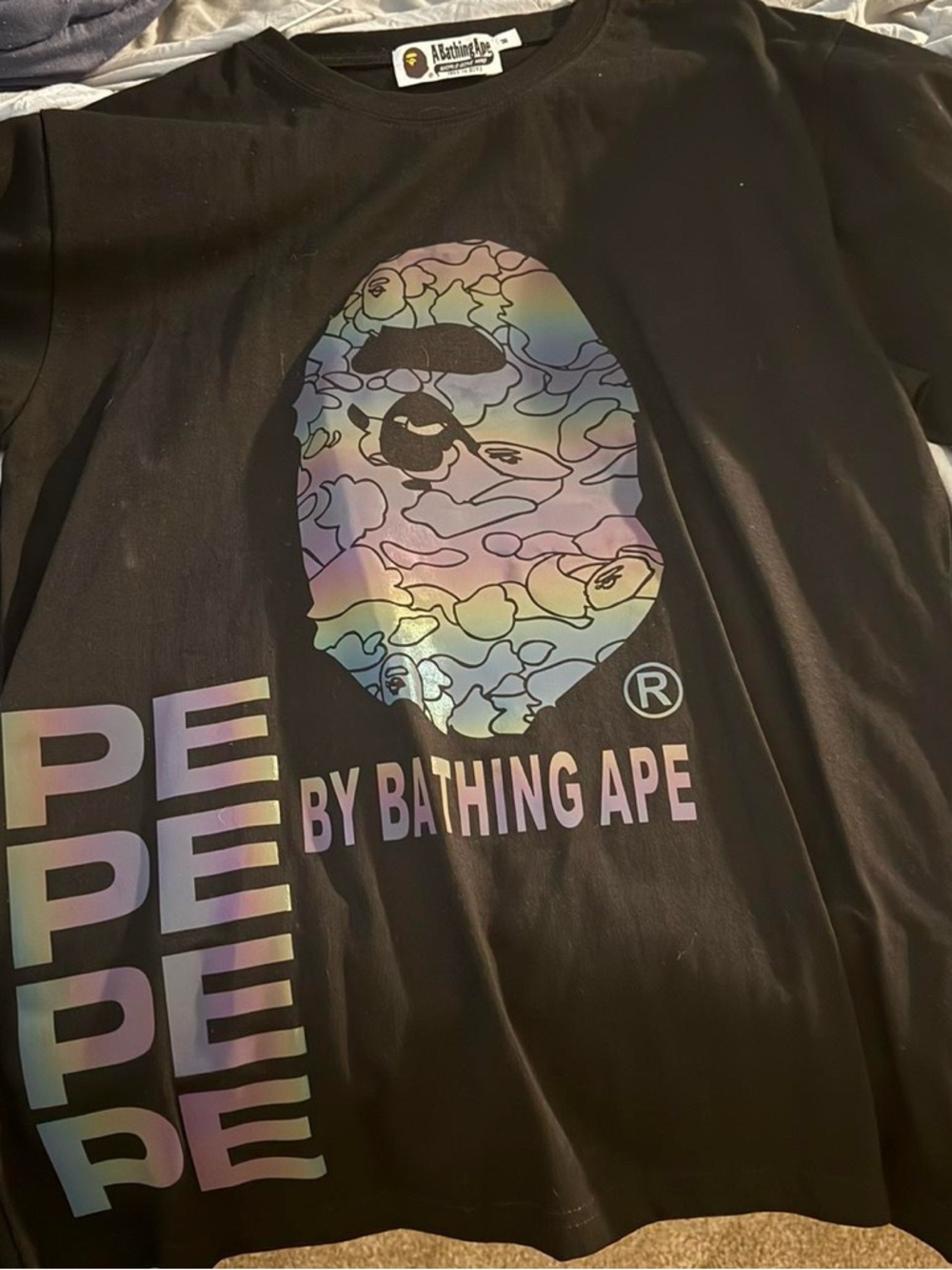 Bape Black Tee with Iridescent Camo Ape Head Graphic